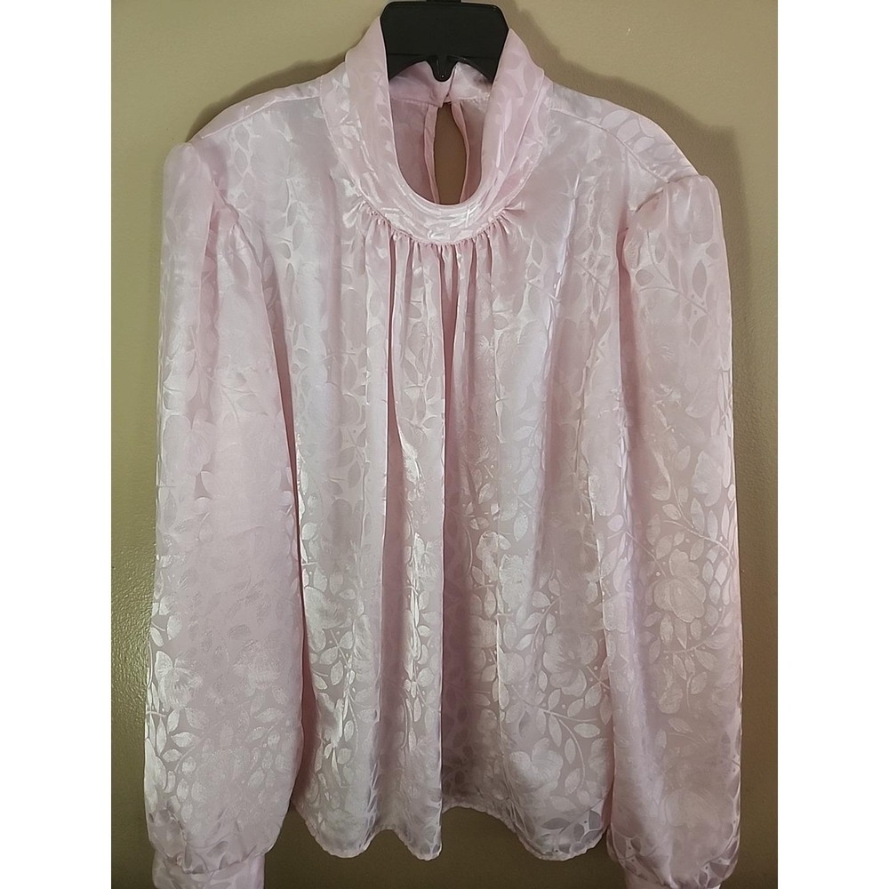 Vtg Pastel Pink Jacquard Mock Neck Blouse Romantic Retro Secretarial Top Fancy